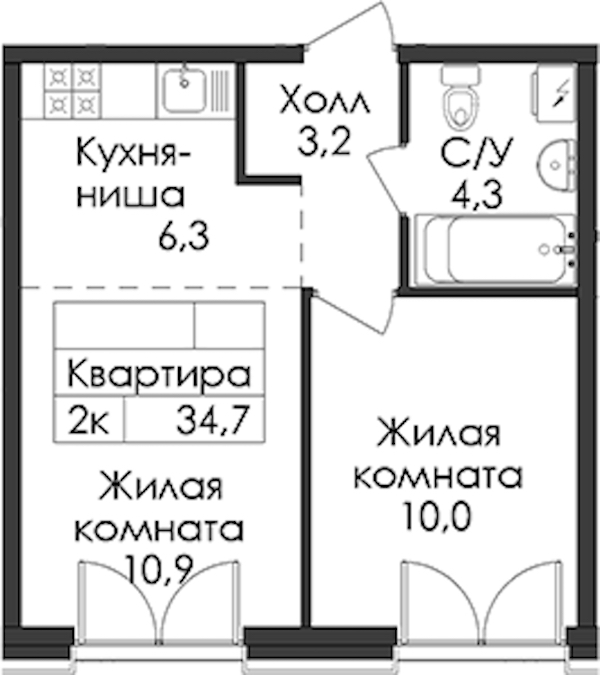 1-комнатная квартира 34.7 м², 4/9 эт., ЖК «Лермонтовский 54»
